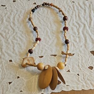 Handcrafted Natural Wood Bead Necklace in Brown & Tan